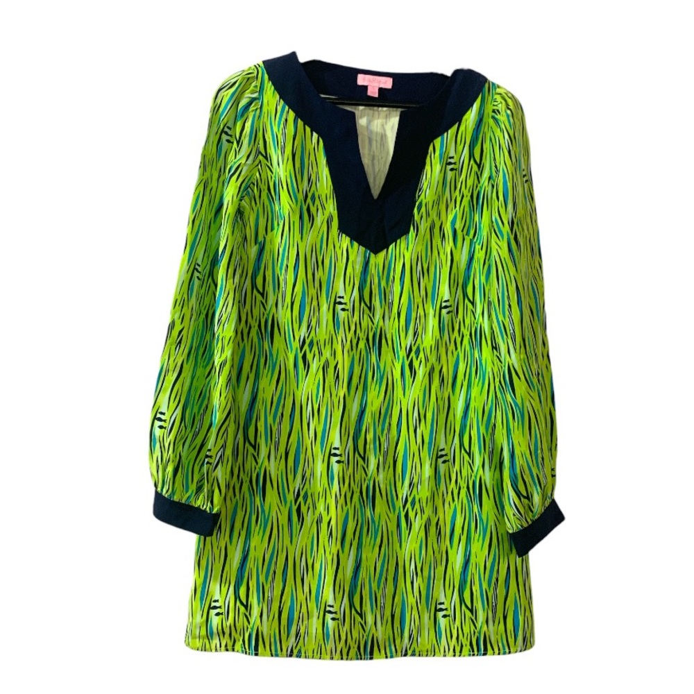 Lilly Pulitzer 100% Silk Seamus Tunic Green Blue 0 Long Sleeve Top Cover-Up